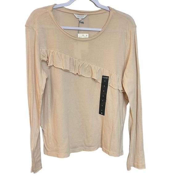 NWT Lucky Brand Sweater Asymmetrical Pink Ruffle Lightweight Size Large - Picture 1 of 6